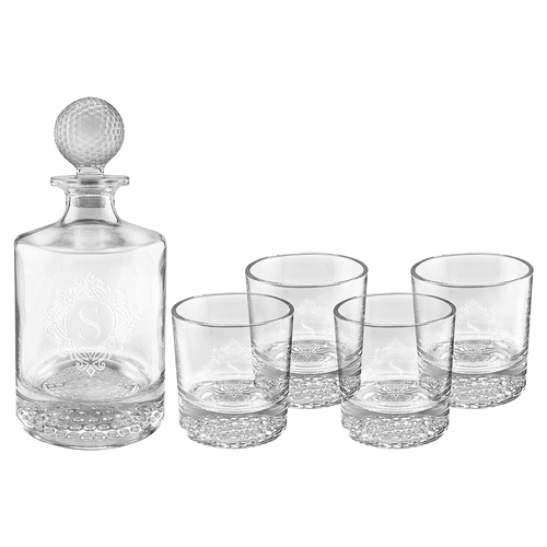 850ml Round Golf Glass Decanter Set with Four DG405S 9 oz. Golf Rocks Glasses in a Black Gift Box with a Printed Paper Sleeve