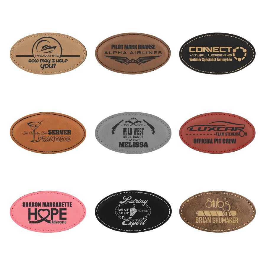 3 1/4" x 1 3/4" Light Brown Laserable Leatherette Oval Badge Blank with Magnet