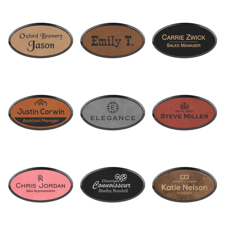 3" x 1 1/2" Light Brown Laserable Leatherette Oval Badge & Frame