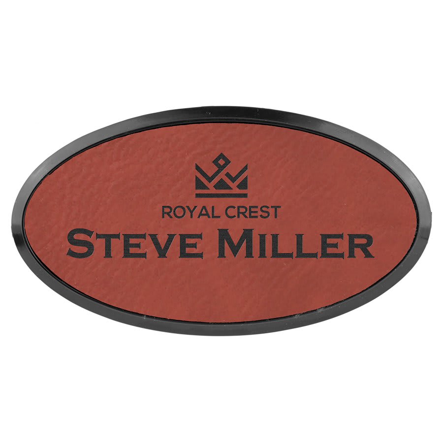3" x 1 1/2" Light Brown Laserable Leatherette Oval Badge & Frame