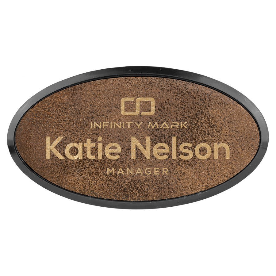 3" x 1 1/2" Light Brown Laserable Leatherette Oval Badge & Frame
