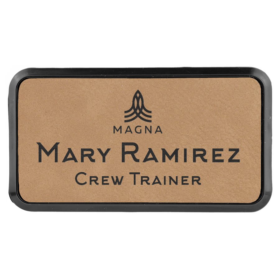 3" x 1 1/2" Light Brown Laserable Leatherette Oval Badge & Frame