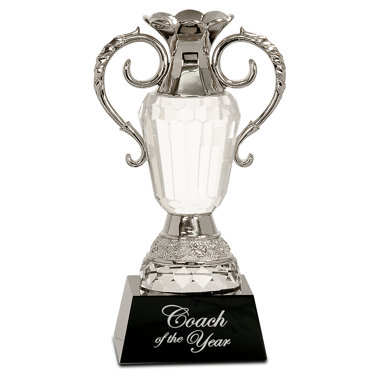 10" Crystal Cup with Silver Metal Handles on Black Pedestal Base