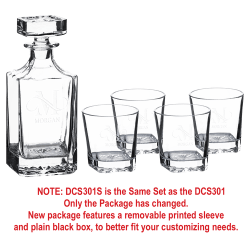 750ml Square Glass Decanter Set with Four DG301S 11 oz. Glasses in a Black Gift Box with Printed Paper Sleeve (Same set as DCS301 with printed box)
