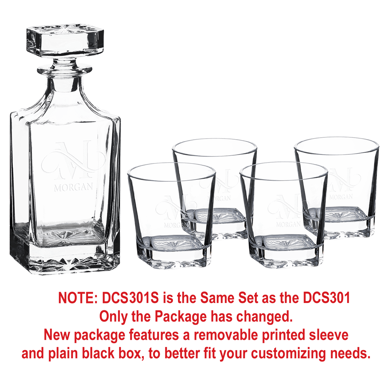 750ml Square Glass Decanter Set with Four DG301S 11 oz. Glasses in a Black Gift Box with Printed Paper Sleeve (Same set as DCS301 with printed box)