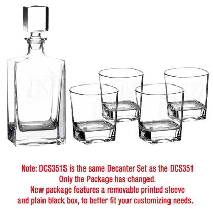 850ml Round Golf Glass Decanter Set with Four DG405S 9 oz. Golf Rocks Glasses in a Black Gift Box with a Printed Paper Sleeve