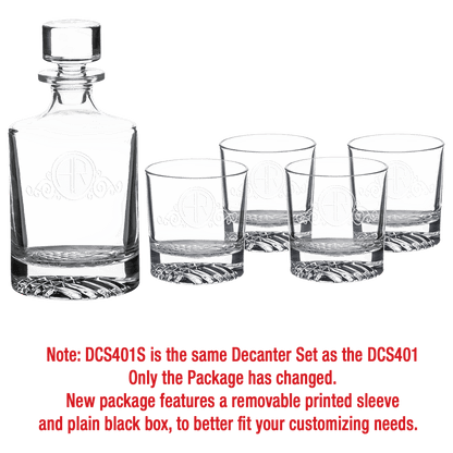 850ml Round Golf Glass Decanter Set with Four DG405S 9 oz. Golf Rocks Glasses in a Black Gift Box with a Printed Paper Sleeve