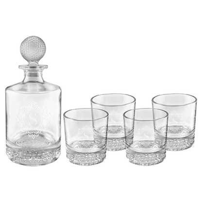 850ml Round Golf Glass Decanter Set with Four DG405S 9 oz. Golf Rocks Glasses in a Black Gift Box with a Printed Paper Sleeve