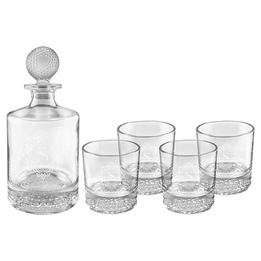 850ml Round Golf Glass Decanter Set with Four DG405S 9 oz. Golf Rocks Glasses in a Black Gift Box with a Printed Paper Sleeve