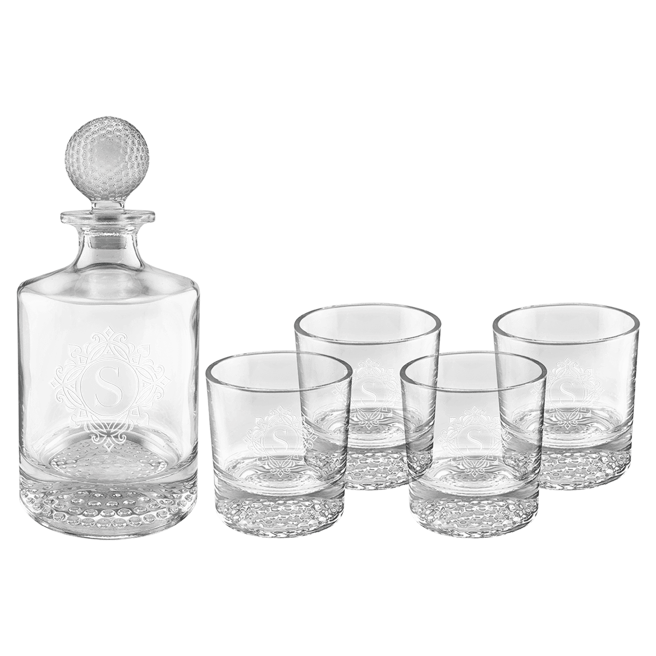 850ml Round Golf Glass Decanter Set with Four DG405S 9 oz. Golf Rocks Glasses in a Black Gift Box with a Printed Paper Sleeve