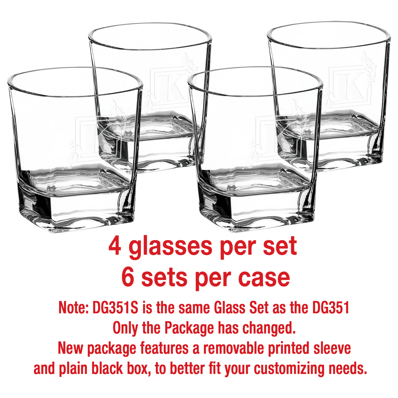 8 oz. Rocks Glasses in a Black Gift Box with Printed Paper Sleeve          Sold in Sets of 4, 6 Sets Per Case  (Same as DG351S with Printed Box)