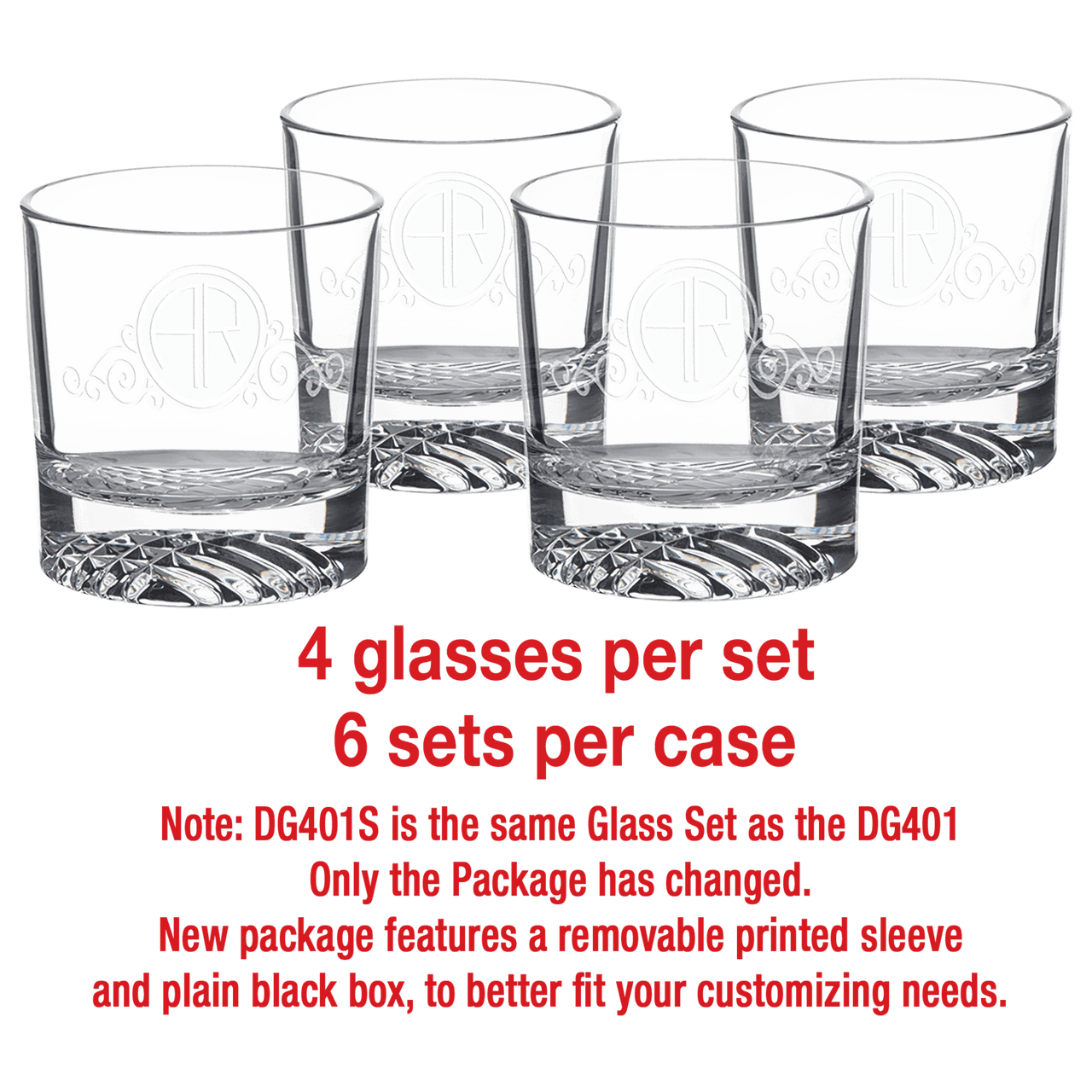 8 oz. Rocks Glasses in a Black Gift Box with Printed Paper Sleeve          Sold in Sets of 4, 6 Sets Per Case  (Same as DG351S with Printed Box)