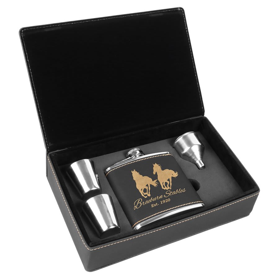 6 oz. Laserable Leatherette Flask Gift Set with Shot Glasses and Cork Flask Options