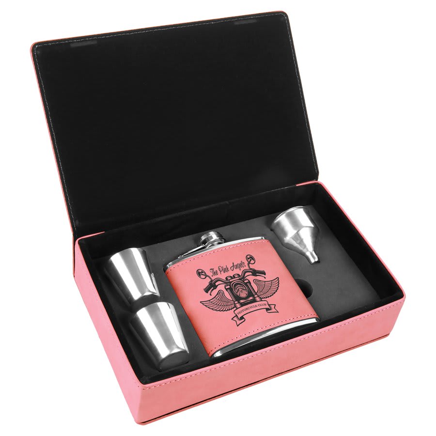 6 oz. Laserable Leatherette Flask Gift Set with Shot Glasses and Cork Flask Options