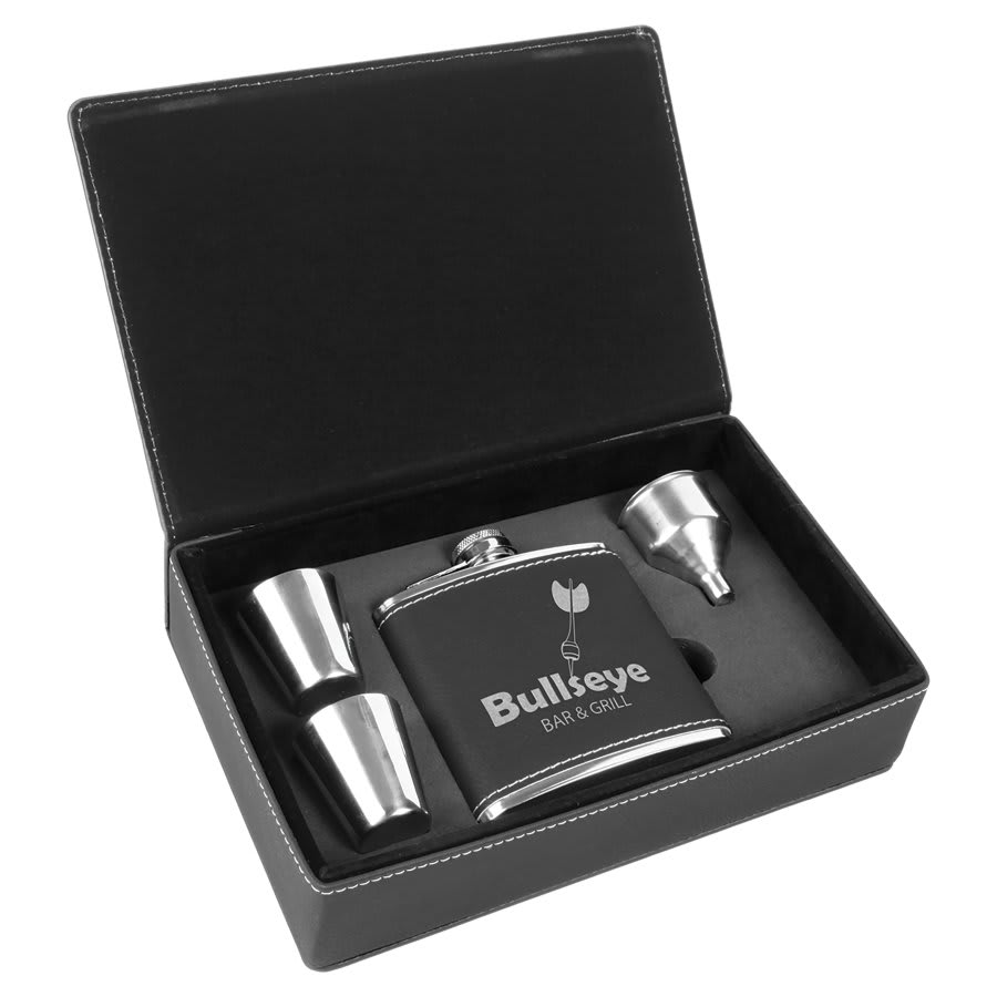 6 oz. Laserable Leatherette Flask Gift Set with Shot Glasses and Cork Flask Options