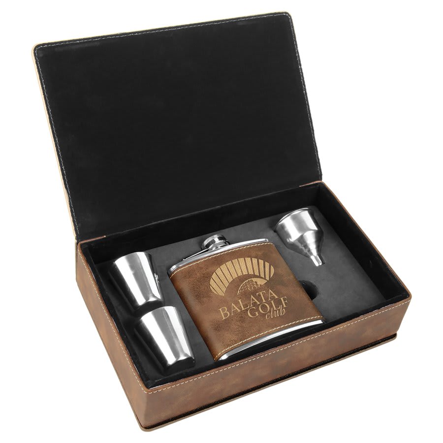 6 oz. Laserable Leatherette Flask Gift Set with Shot Glasses and Cork Flask Options