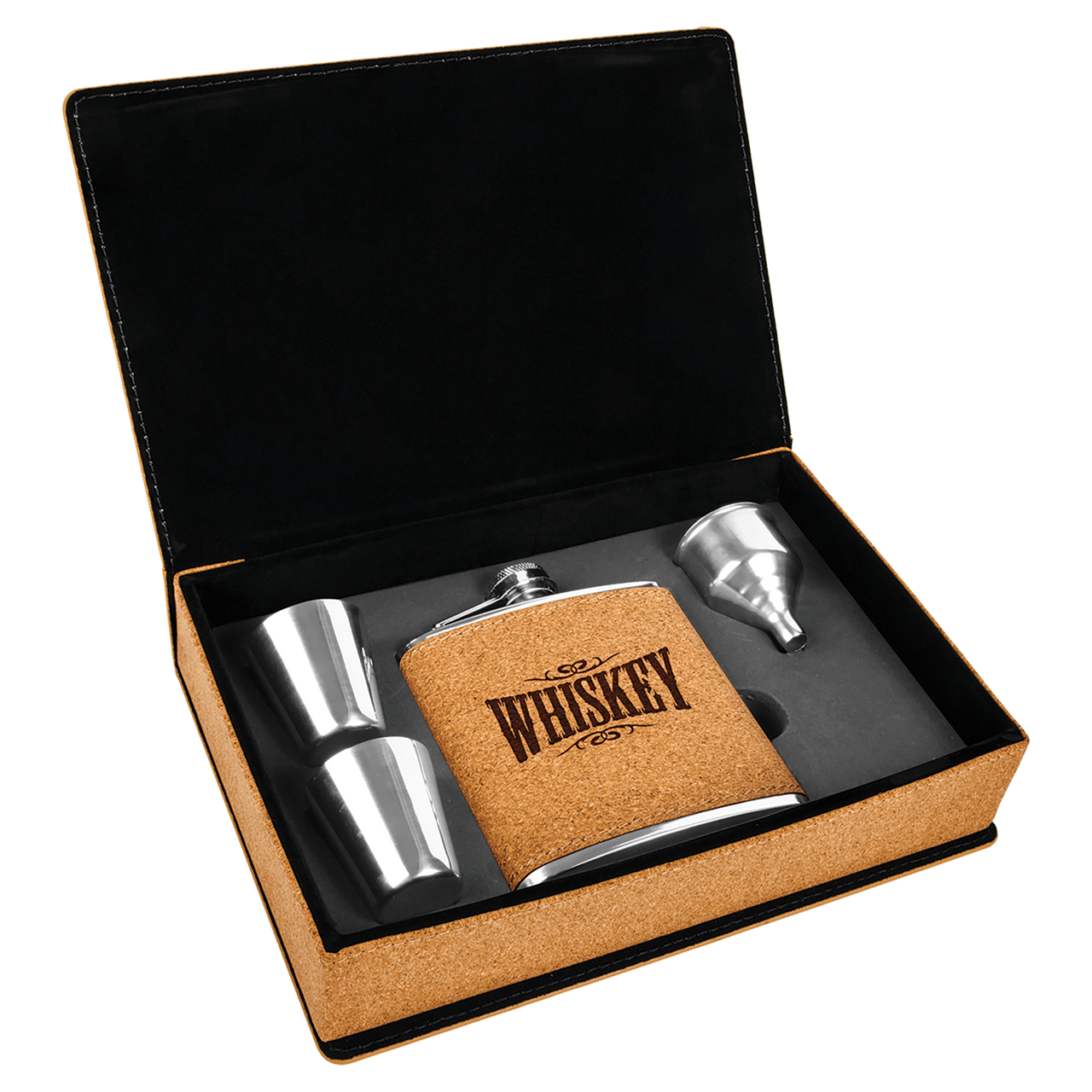 6 oz. Laserable Leatherette Flask Gift Set with Shot Glasses and Cork Flask Options