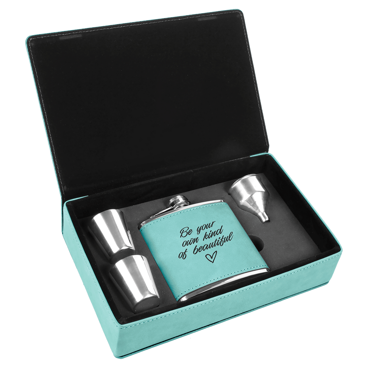 6 oz. Laserable Leatherette Flask Gift Set with Shot Glasses and Cork Flask Options