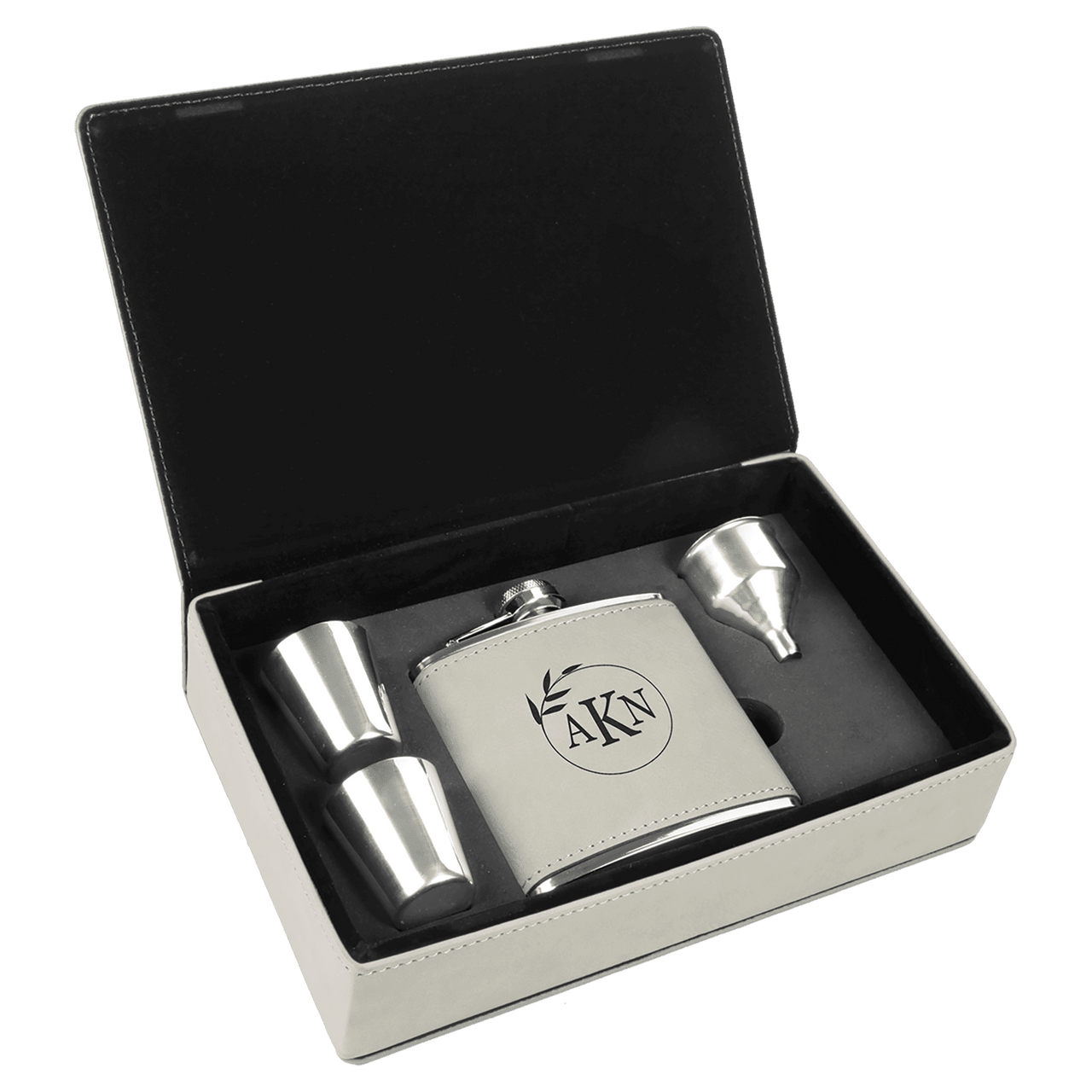 6 oz. Laserable Leatherette Flask Gift Set with Shot Glasses and Cork Flask Options