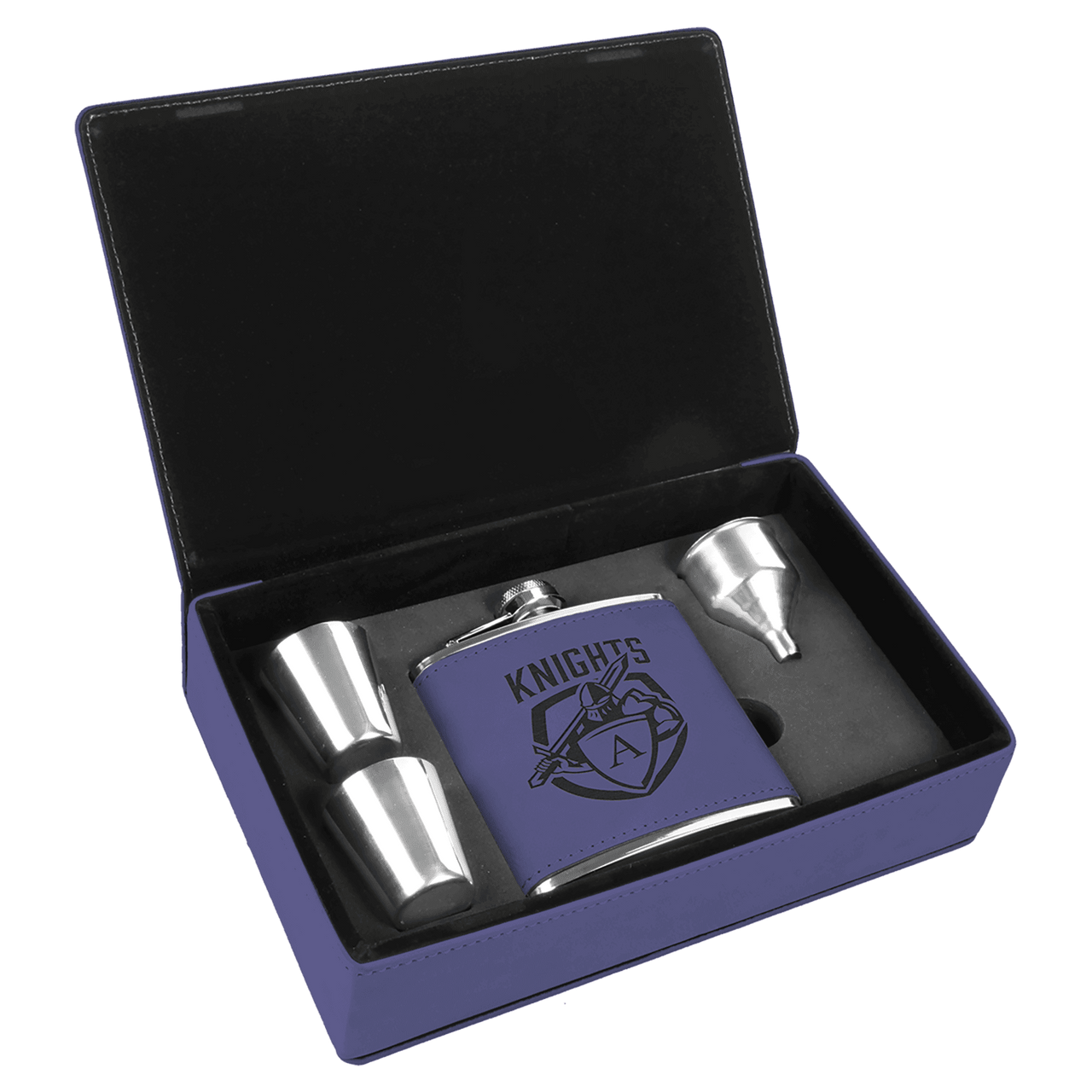 6 oz. Laserable Leatherette Flask Gift Set with Shot Glasses and Cork Flask Options