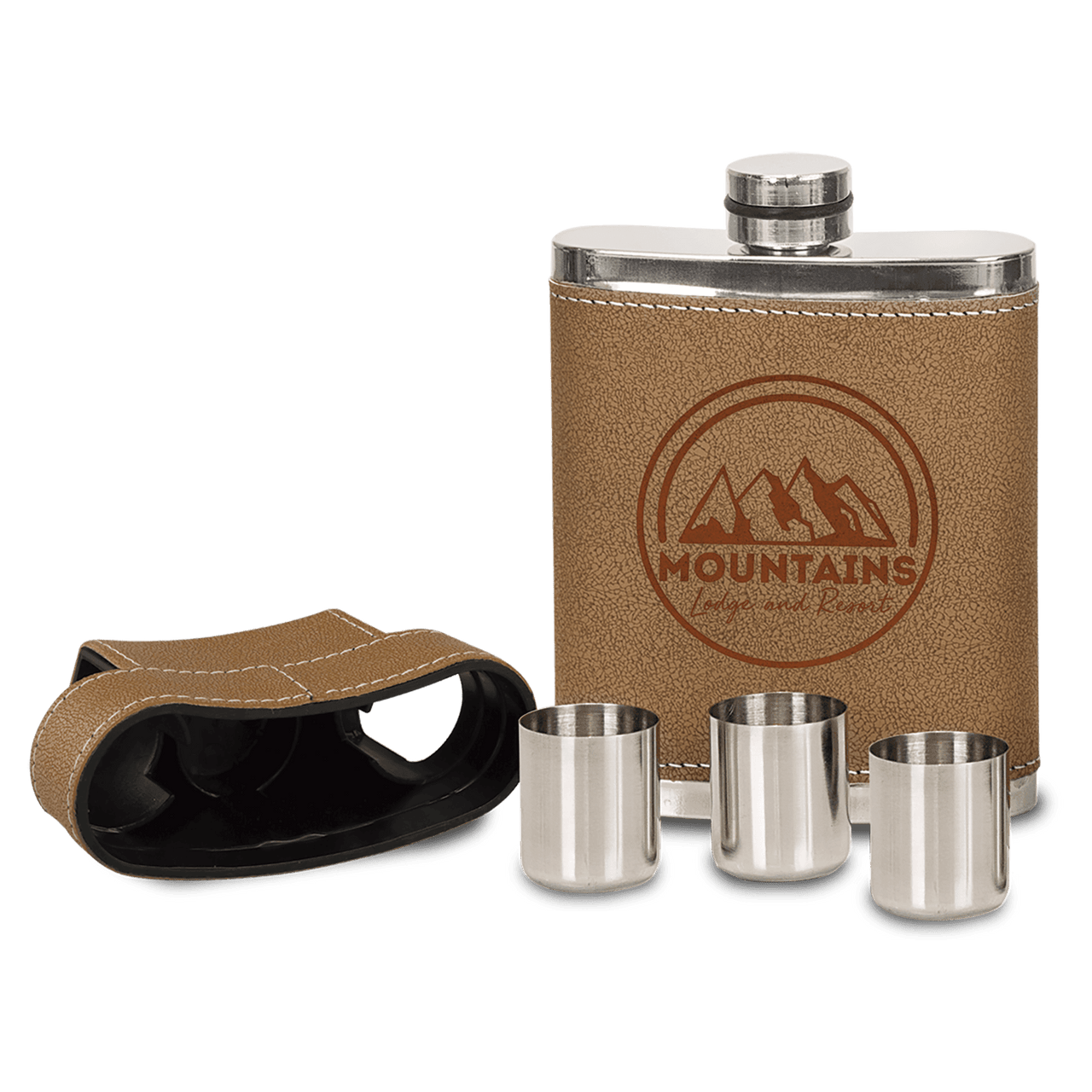 6 oz. Laserable Leatherette Flask Gift Set with Shot Glasses and Cork Flask Options