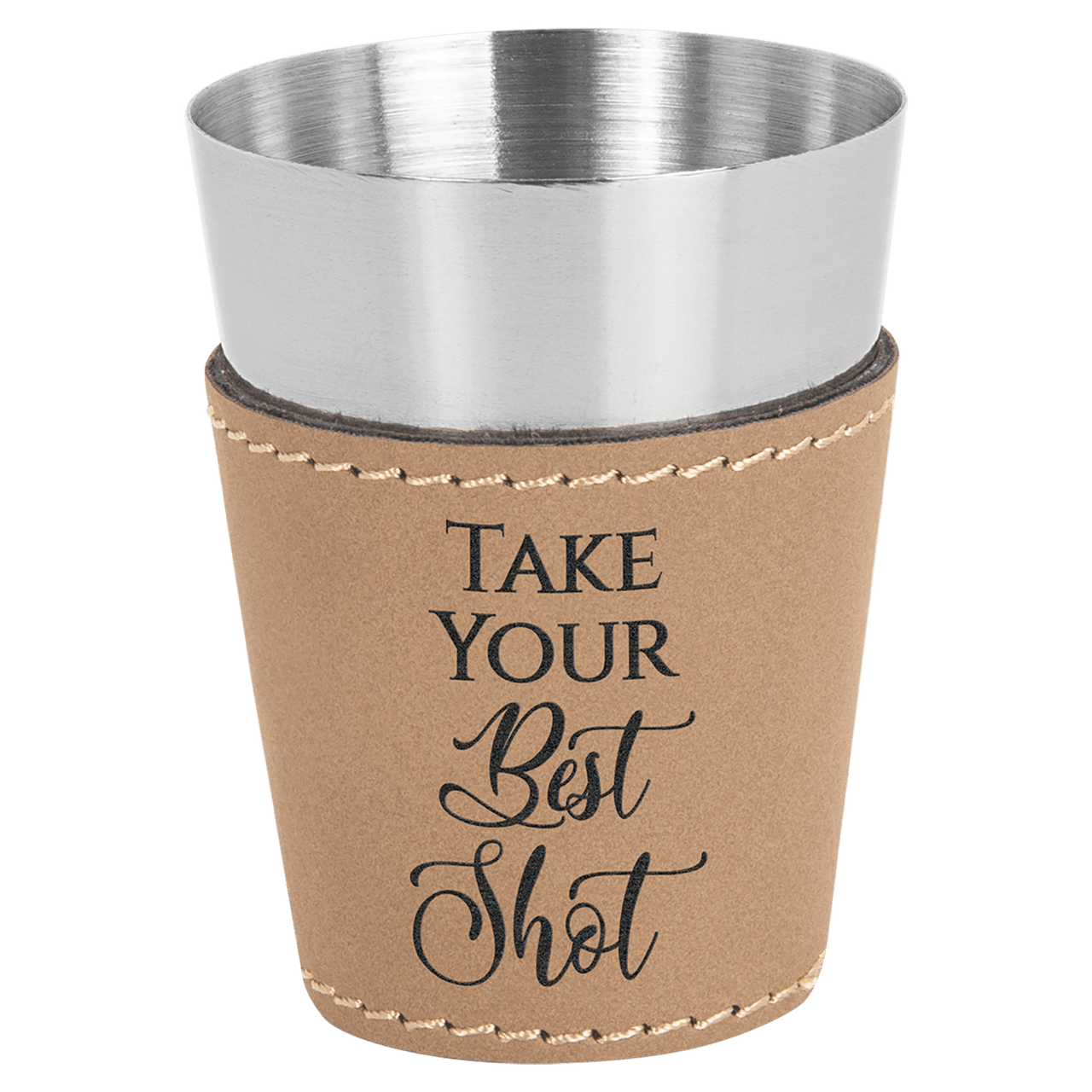2 oz. Light Brown Laserable Leatherette & Stainless Steel Shot Glass