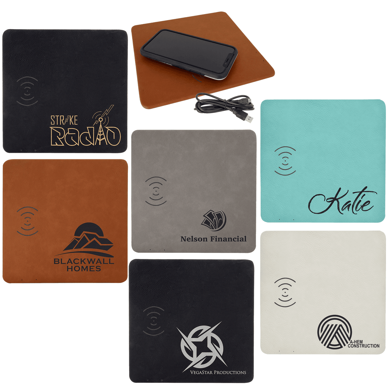8" x 8" Gray Laserable Leatherette Phone Charging Mat
