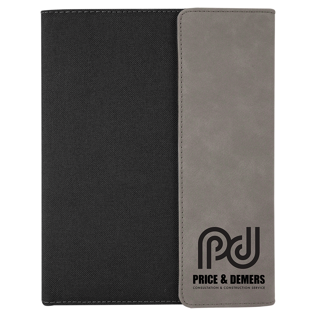 7" x 9" Black/Silver Laserable Leatherette /Gray Canvas Portfolio with Notepad