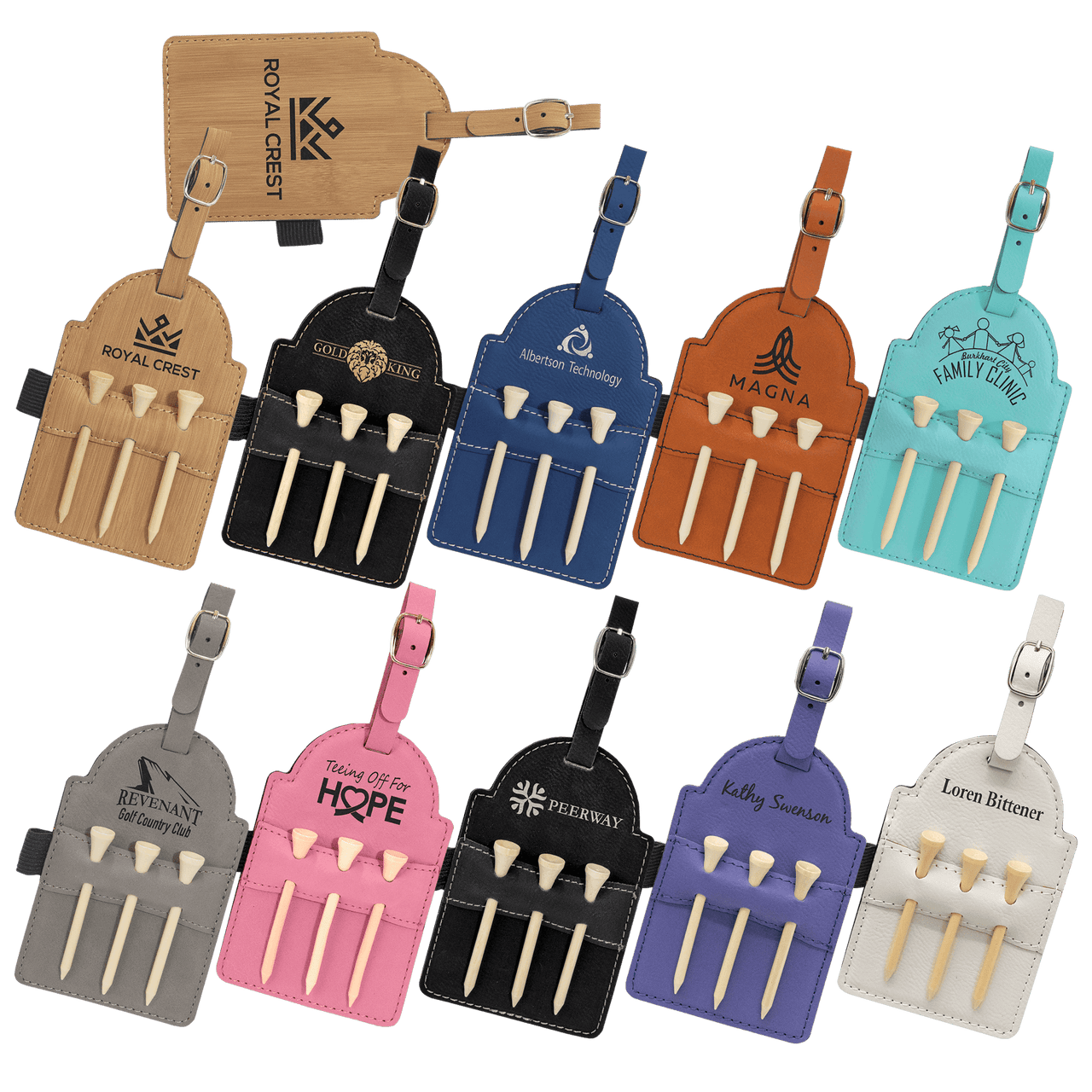 5" x 3 1/4" Gray Laserable Leatherette Golf Bag Tag with 3 Wooden Tees