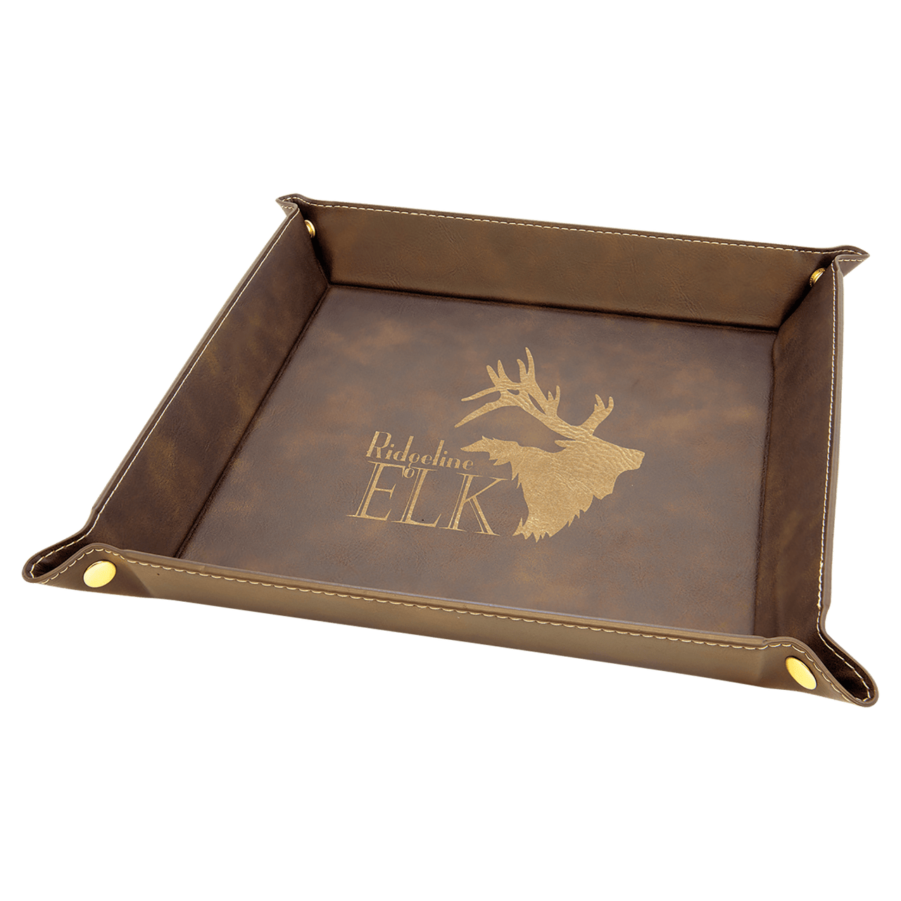 9" x 9" Black/Gold Laserable Leatherette Snap Up Tray with Gold Snaps