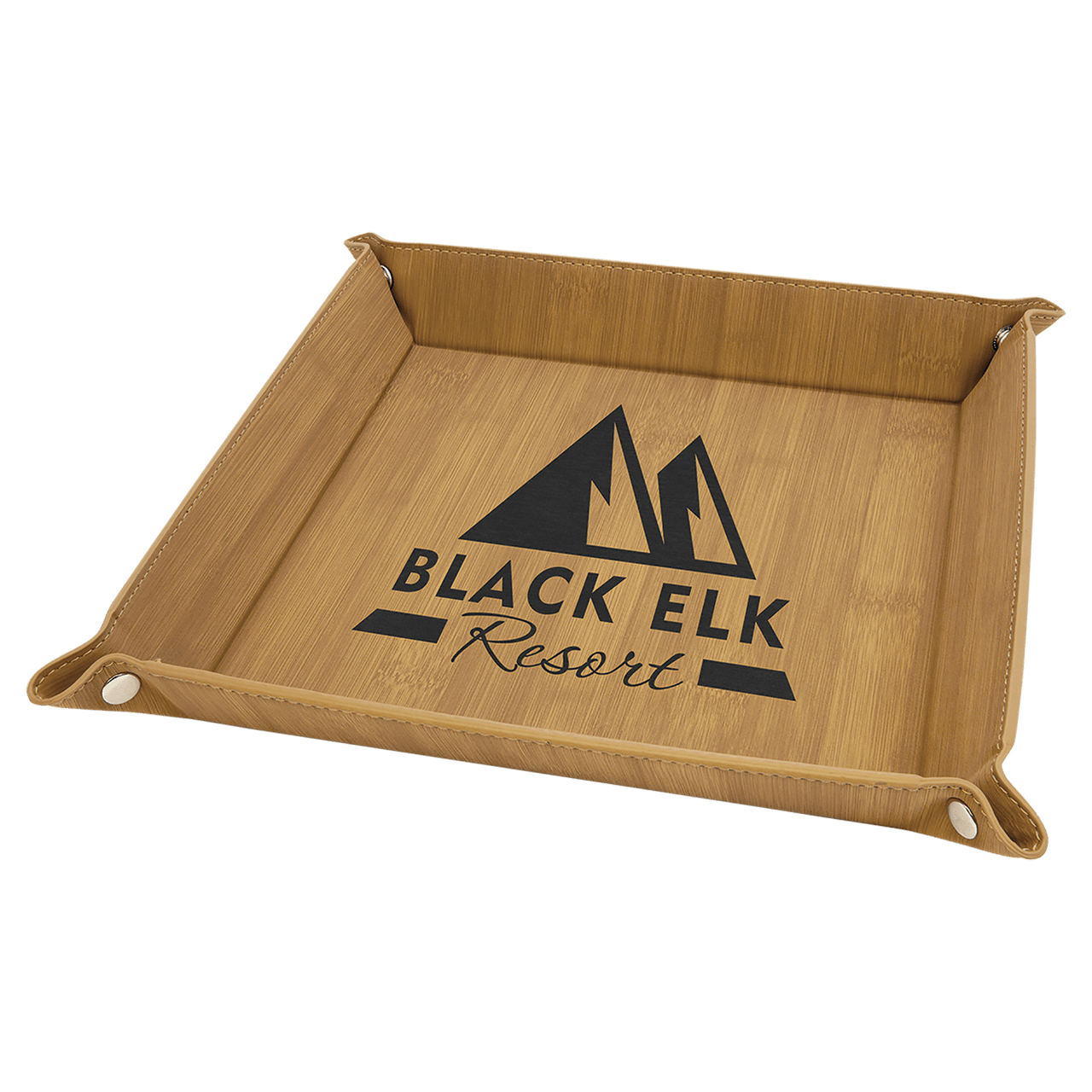 9" x 9" Black/Gold Laserable Leatherette Snap Up Tray with Gold Snaps