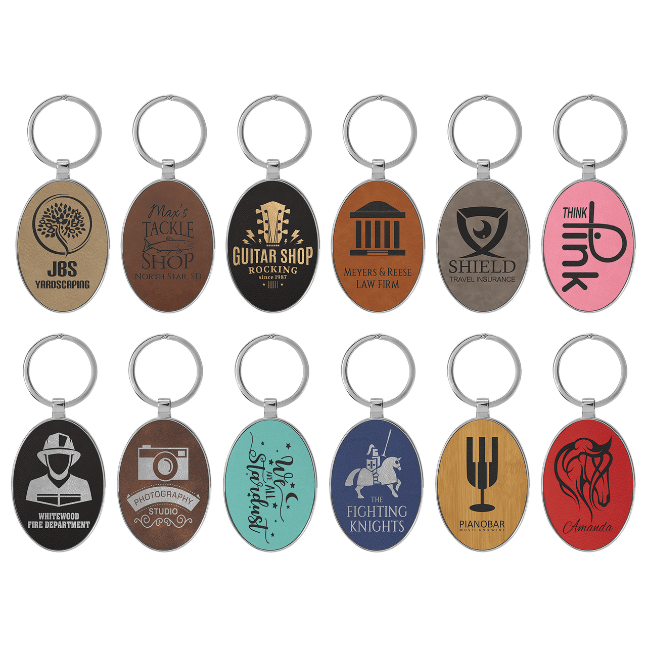 3" x 1 3/4" Laserable Leatherette/Metal Black/Silver Oval Keychain