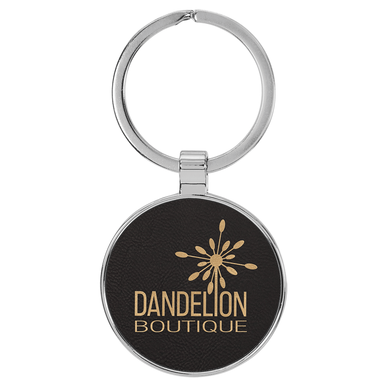 1 1/2" Laserable Leatherette/Metal Dark Brown Round Keychain