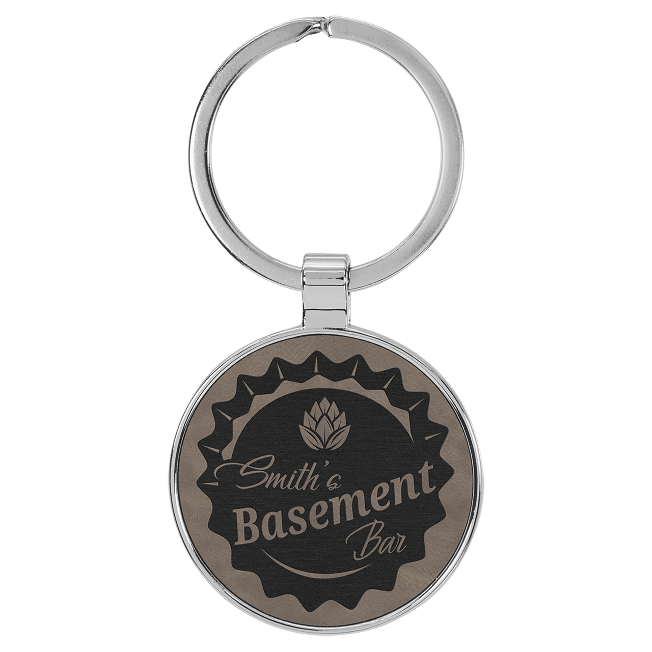 1 1/2" Laserable Leatherette/Metal Dark Brown Round Keychain