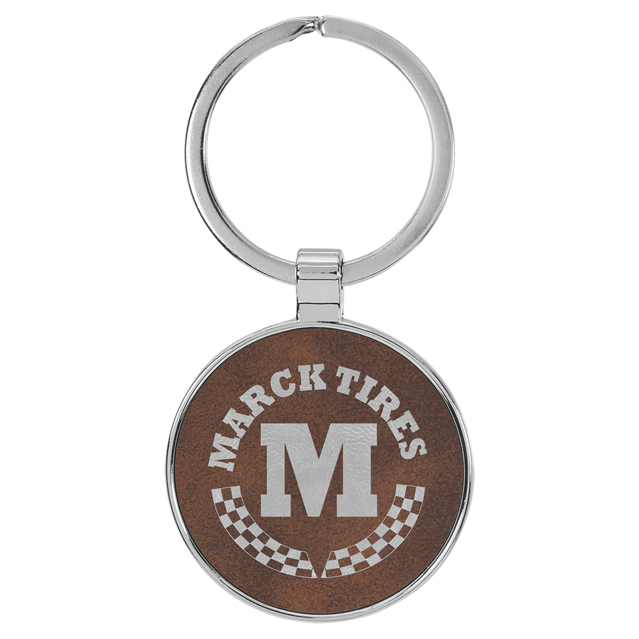 1 1/2" Laserable Leatherette/Metal Dark Brown Round Keychain