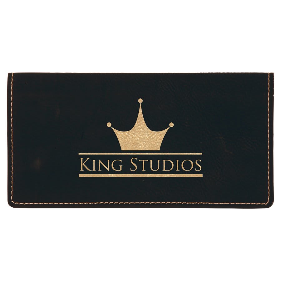 6 3/4" x 3 1/2" Black/Gold Laserable Leatherette Checkbook Cover