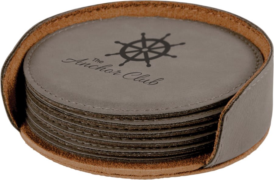 4" Dark Brown Round Laserable Leatherette 6-Coaster Set