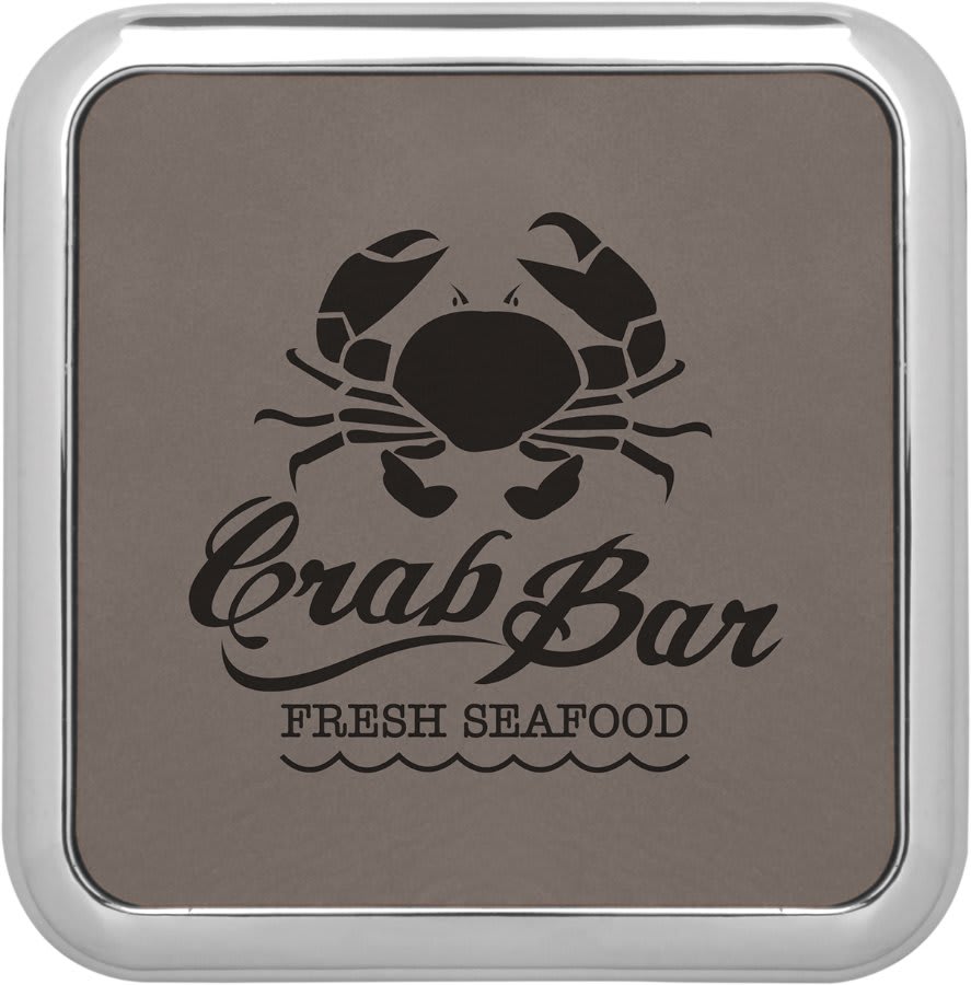 3 5/8" x 3 5/8" Square Dark Brown Laserable Leatherette Coaster w/Silver Edge