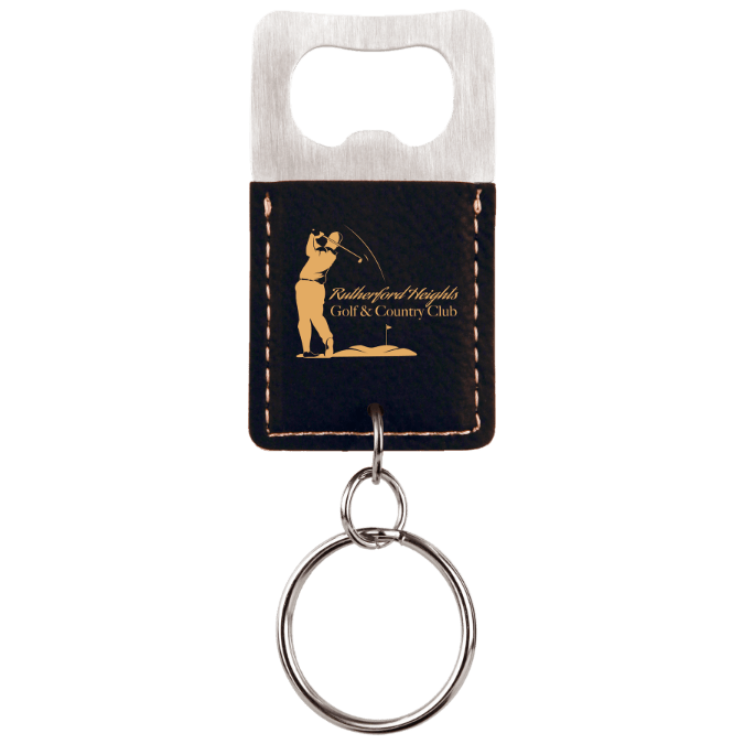 Rectangle Black/Gold Laserable Leatherette Bottle Opener Keychain