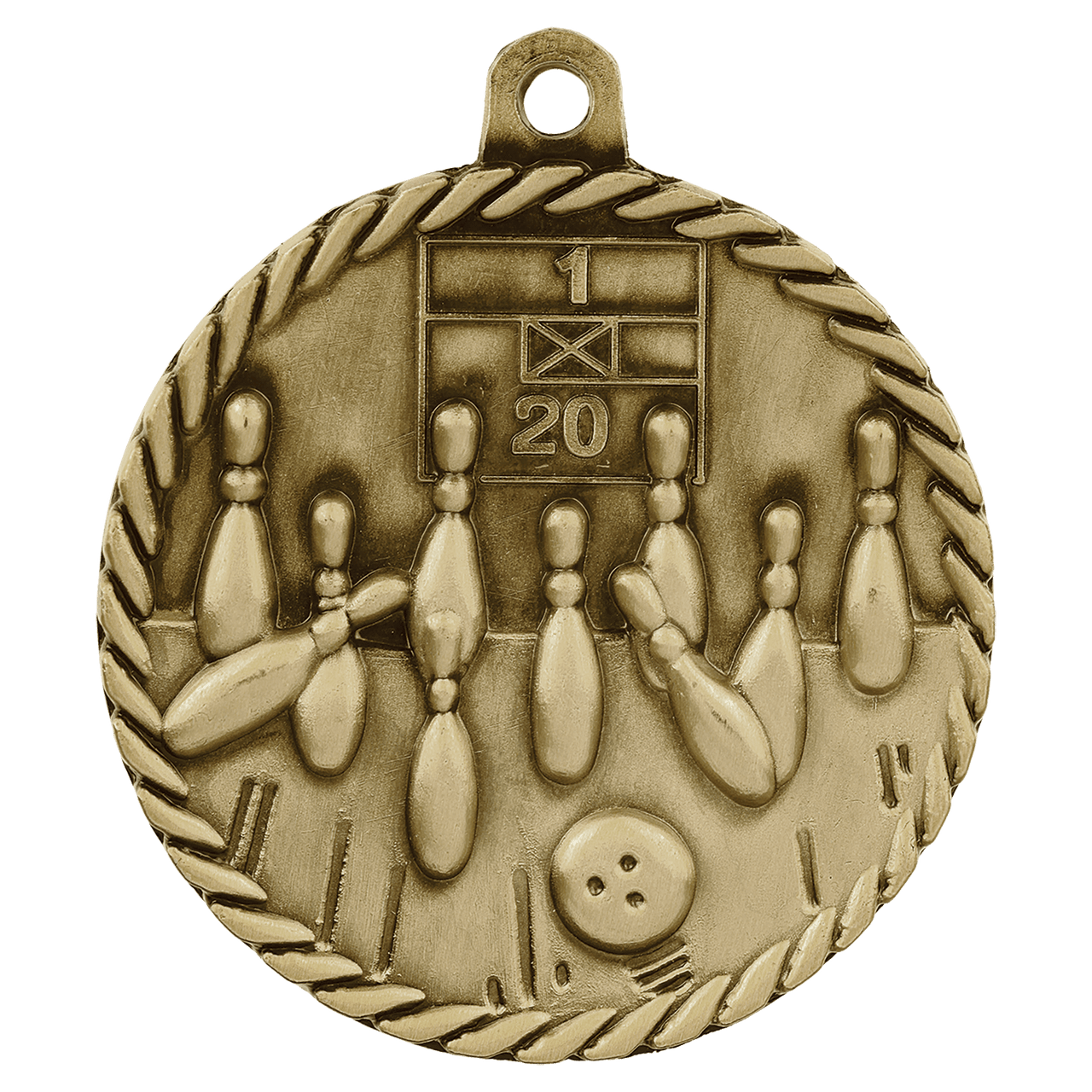 2" Antique Gold Bowling High Relief Medal