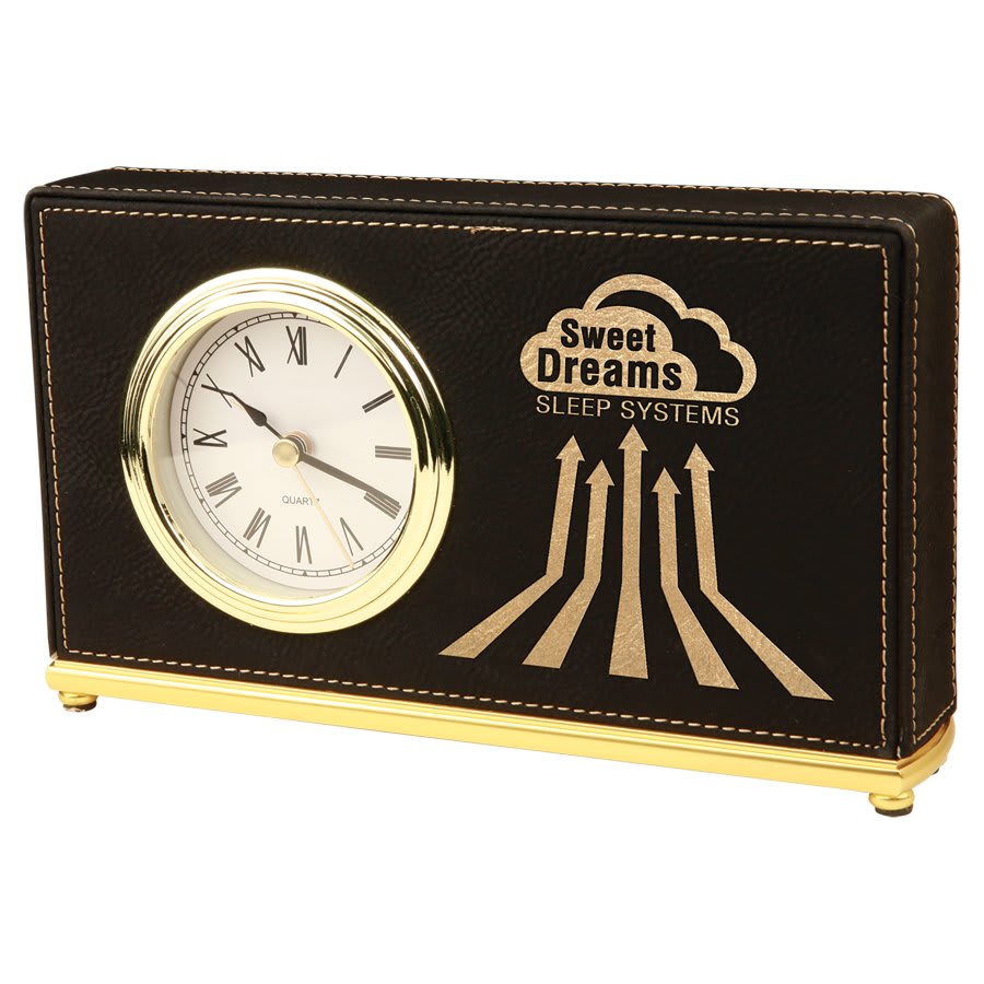 7 1/2" x 4 1/2" Light Brown Laserable Leatherette Horizontal Desk Clock