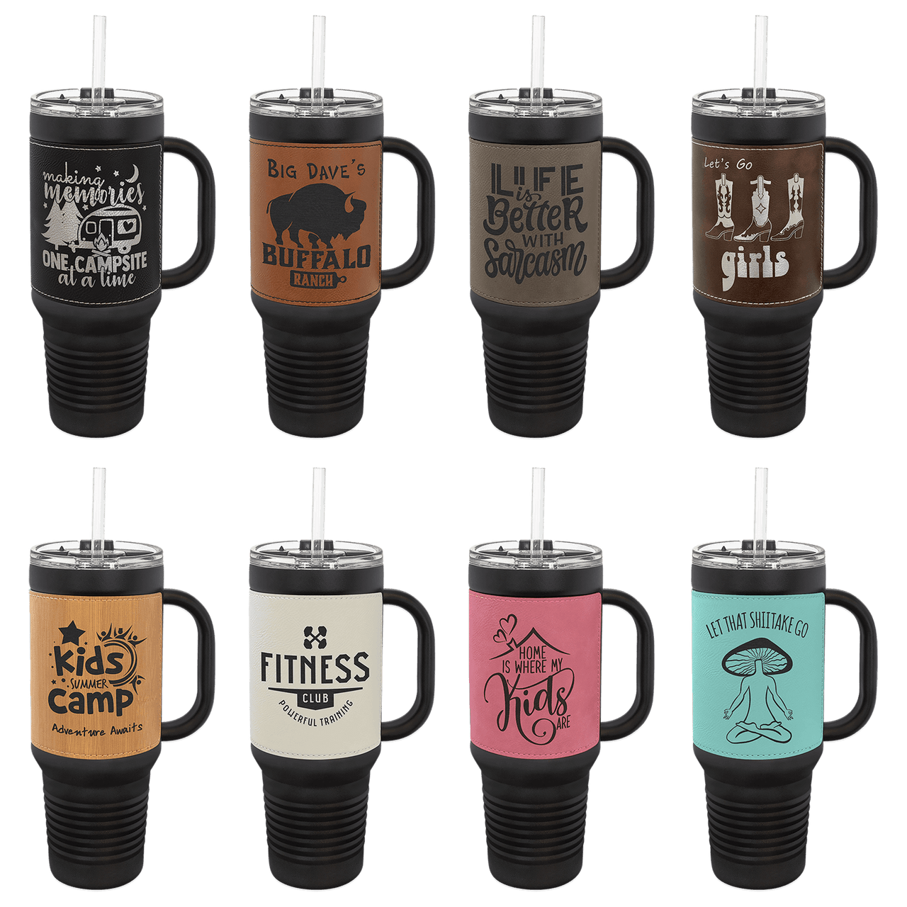 Polar Camel 40 oz. Black with White Laserable Leatherette Travel Mug with  a Handle, Straw Included