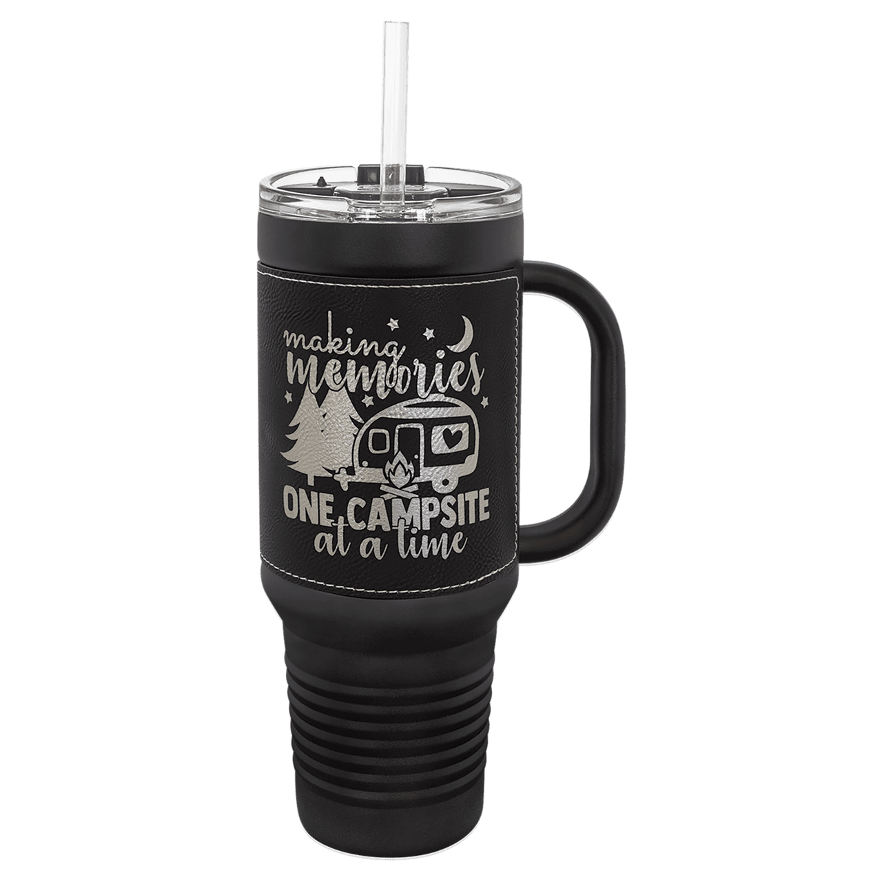 Polar Camel 40 oz. Black with Black/Silver Laserable Leatherette Travel Mug with a Handle, Straw Included