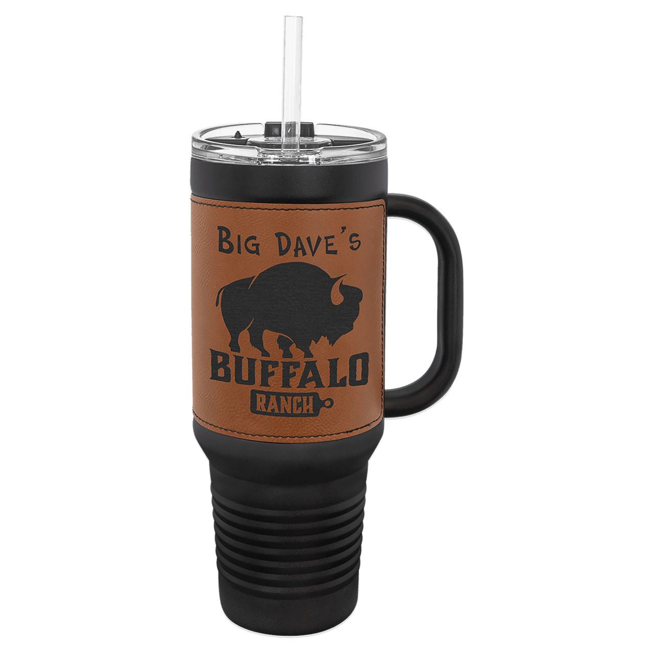 Polar Camel 40 oz. Black with White Laserable Leatherette Travel Mug with  a Handle, Straw Included