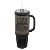 Thumbnail for Polar Camel 40 oz. Black with White Laserable Leatherette Travel Mug with  a Handle, Straw Included