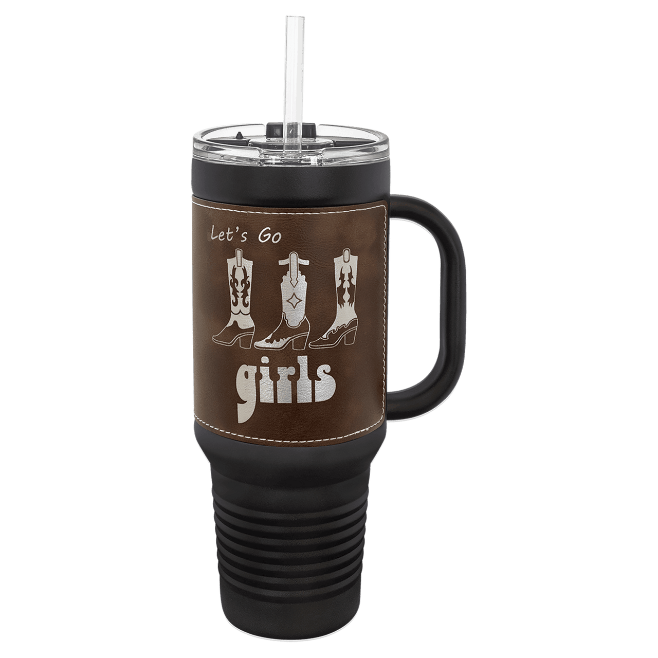 Polar Camel 40 oz. Black with White Laserable Leatherette Travel Mug with  a Handle, Straw Included