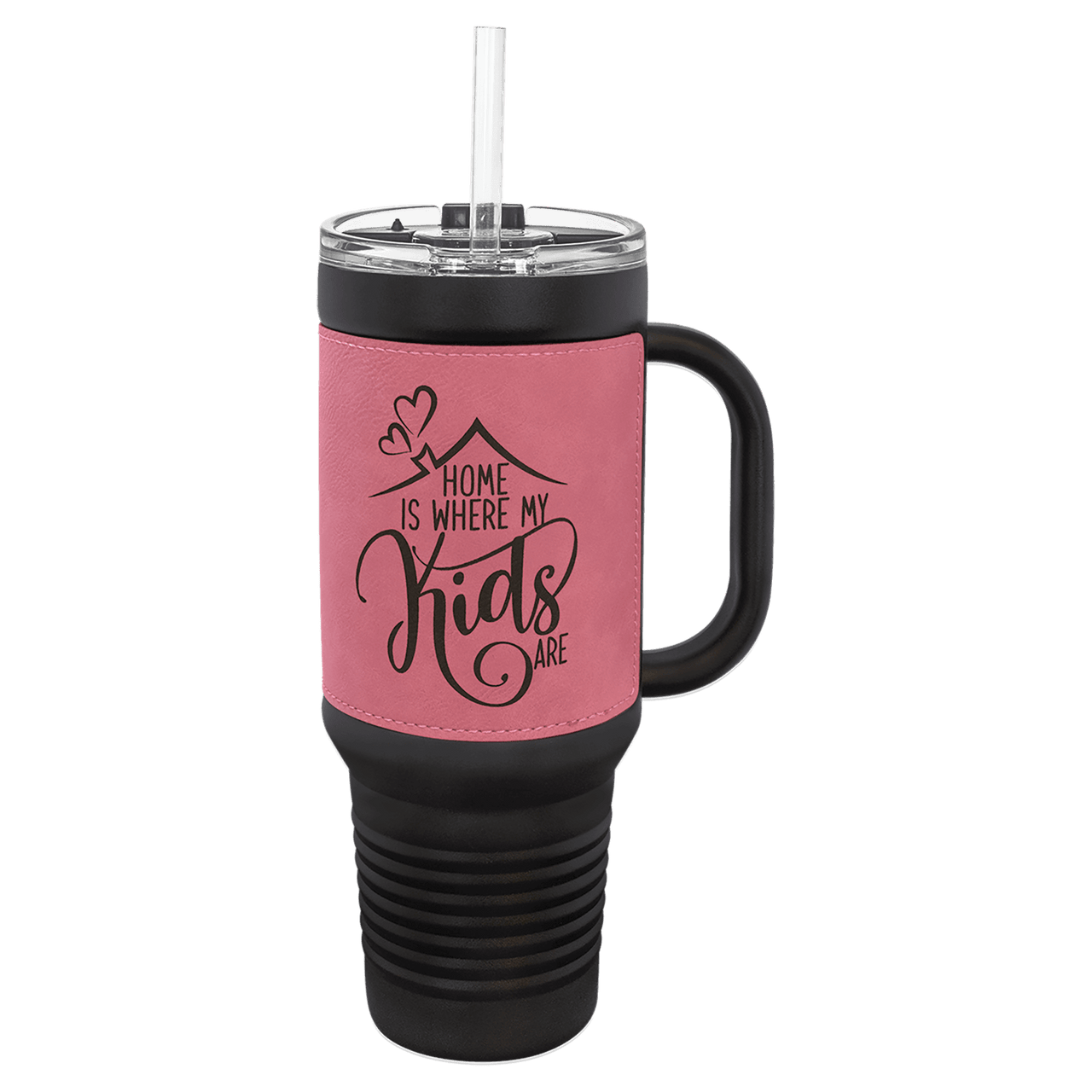 Polar Camel 40 oz. Black with White Laserable Leatherette Travel Mug with  a Handle, Straw Included