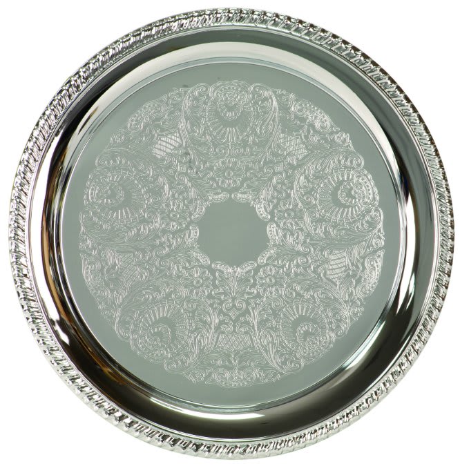 12" Round Gold Rim Silver Plated Tray