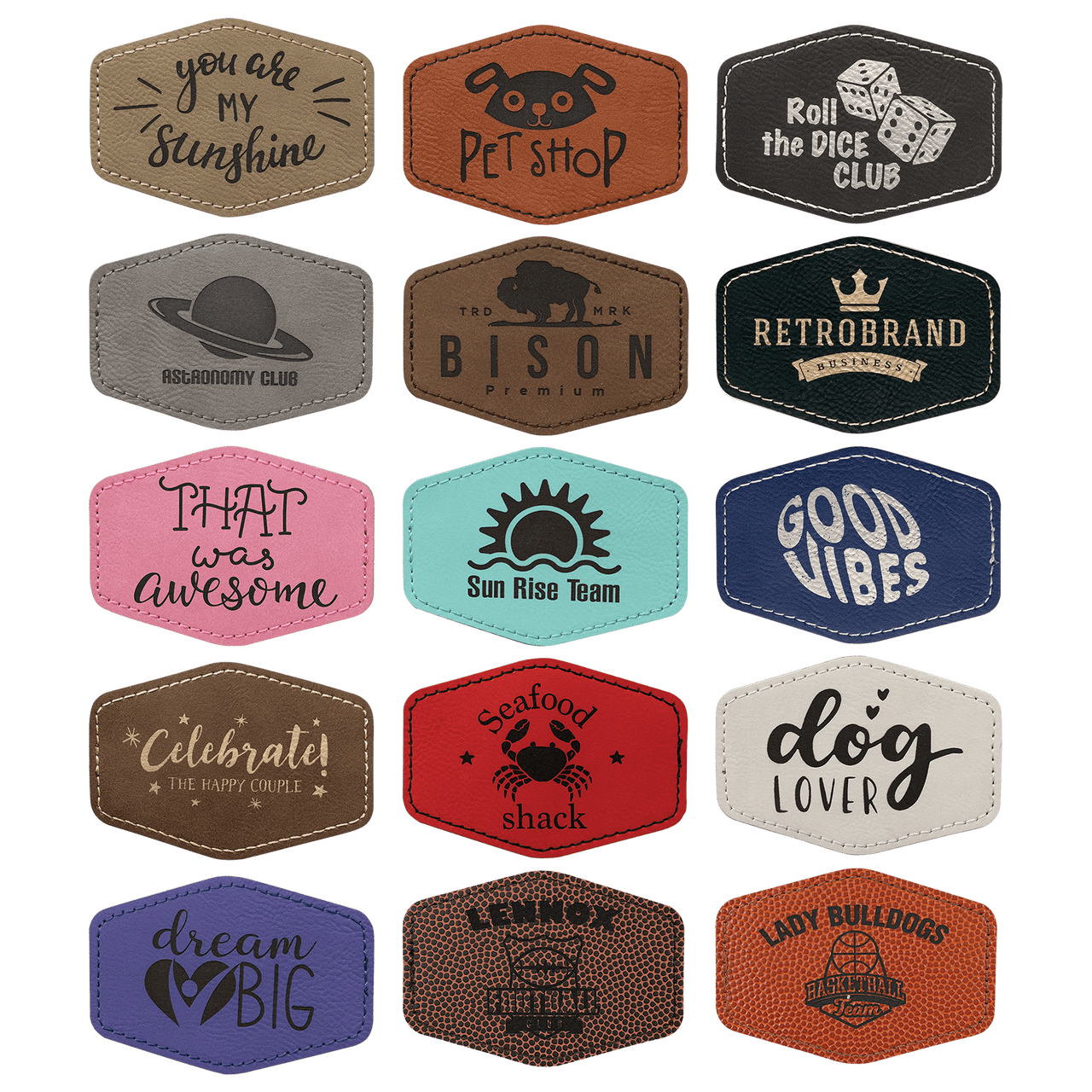 3 1/2" x 2 1/2" Hex Laserable Leatherette Patch with Adhesive Sample Set