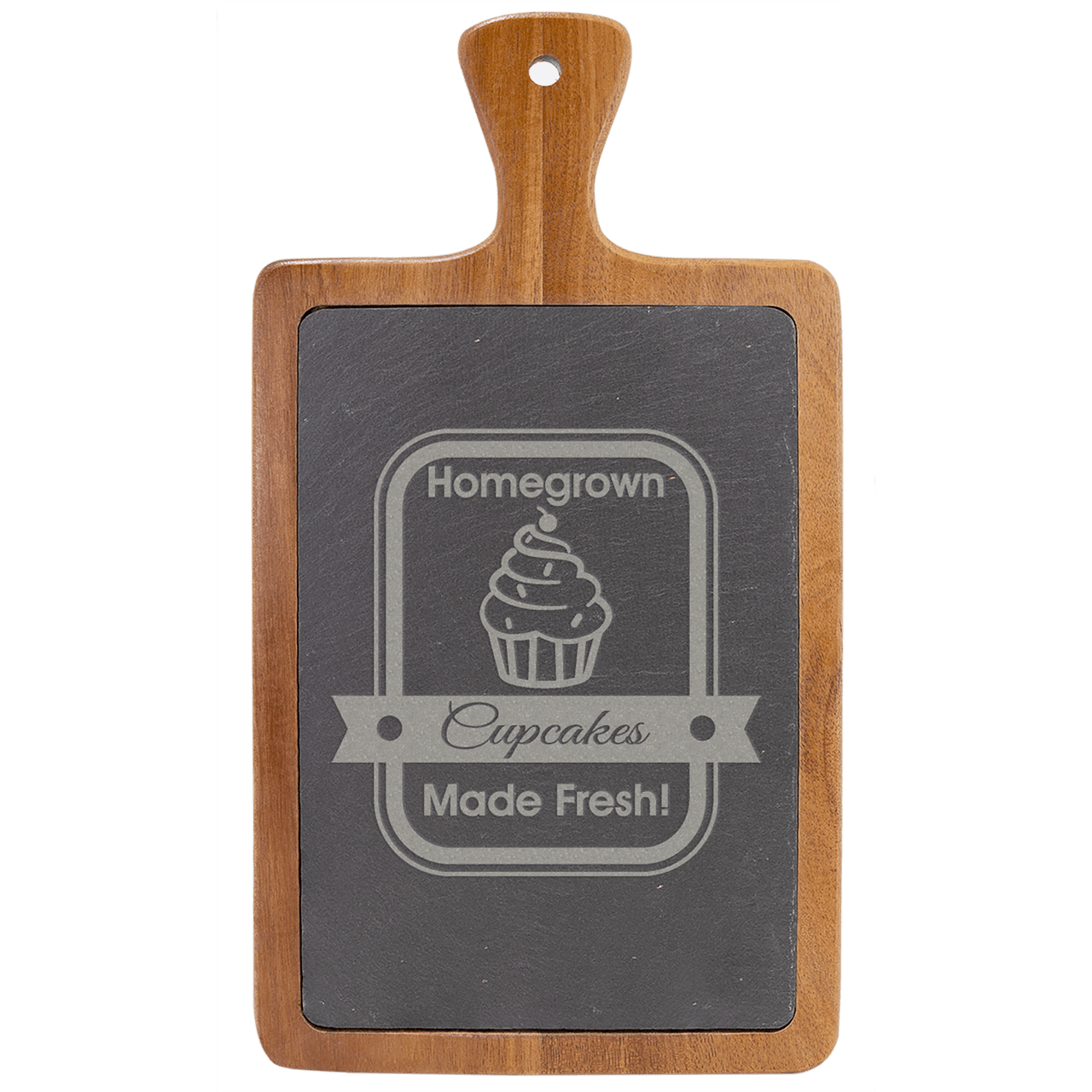 8 1/4" x 12 1/4" Round Acacia Wood/Slate Serving Board with Handle